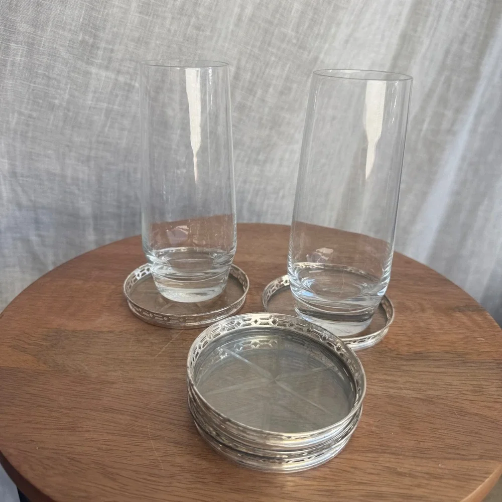 Vintage Sterling Silver Filigree Pierced Coasters Set of 5 Starburst Barware